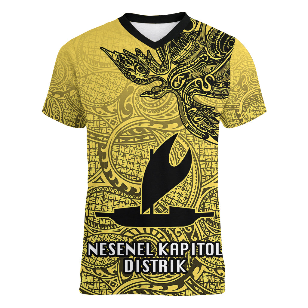 Personalised Papua New Guinea National Capital District Women V Neck T Shirt PNG Birds Of Paradise Polynesian Arty Style LT03 Female Yellow - Polynesian Pride