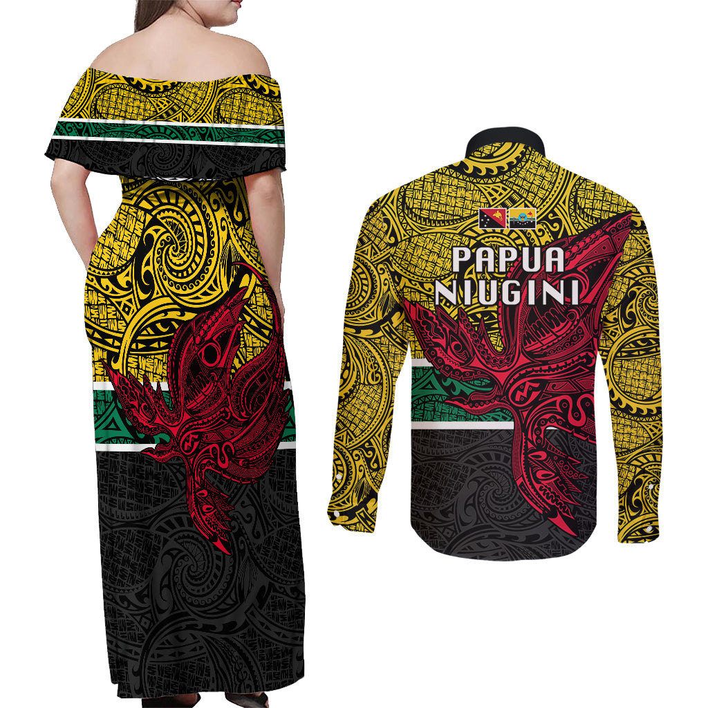 Papua New Guinea Hela Province Couples Matching Off Shoulder Maxi Dress and Long Sleeve Button Shirts PNG Birds Of Paradise Polynesian Arty Style LT03 - Polynesian Pride