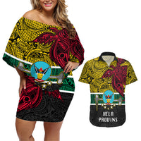 Papua New Guinea Hela Province Couples Matching Off Shoulder Short Dress and Hawaiian Shirt PNG Birds Of Paradise Polynesian Arty Style LT03 Yellow - Polynesian Pride