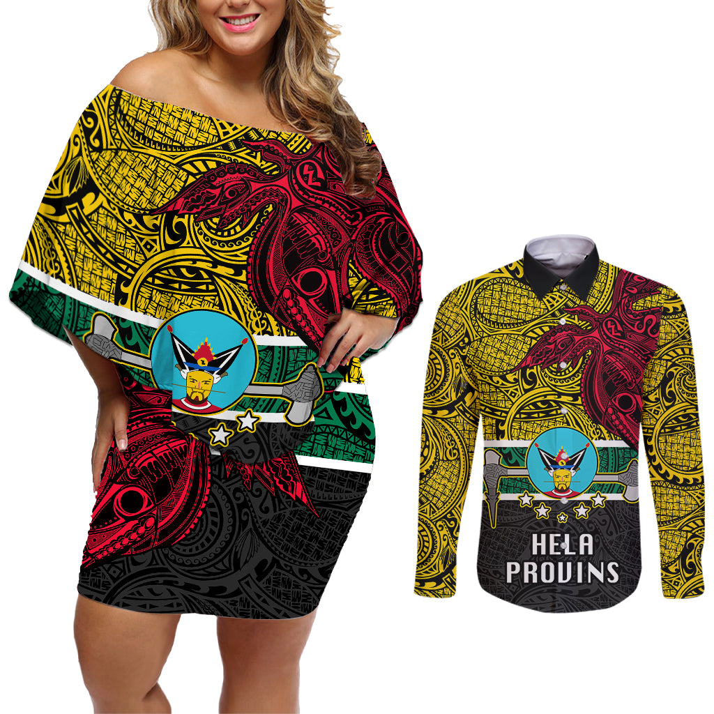 Papua New Guinea Hela Province Couples Matching Off Shoulder Short Dress and Long Sleeve Button Shirts PNG Birds Of Paradise Polynesian Arty Style LT03 Yellow - Polynesian Pride