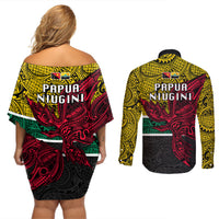 Papua New Guinea Hela Province Couples Matching Off Shoulder Short Dress and Long Sleeve Button Shirts PNG Birds Of Paradise Polynesian Arty Style LT03 - Polynesian Pride