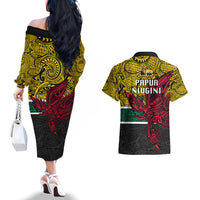 Papua New Guinea Hela Province Couples Matching Off The Shoulder Long Sleeve Dress and Hawaiian Shirt PNG Birds Of Paradise Polynesian Arty Style LT03 - Polynesian Pride