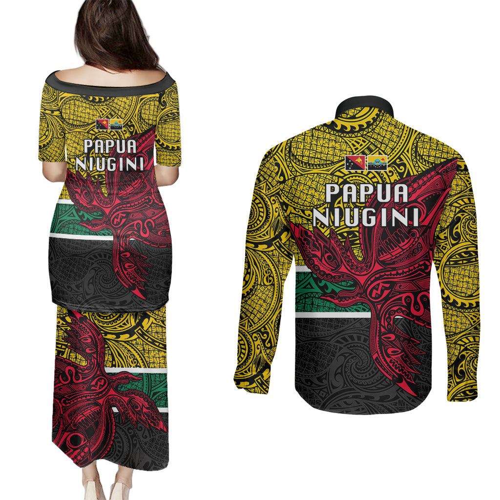 Papua New Guinea Hela Province Couples Matching Puletasi Dress and Long Sleeve Button Shirts PNG Birds Of Paradise Polynesian Arty Style LT03 - Polynesian Pride