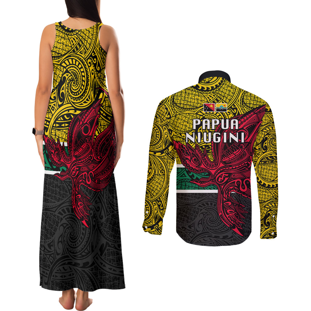 Papua New Guinea Hela Province Couples Matching Tank Maxi Dress and Long Sleeve Button Shirts PNG Birds Of Paradise Polynesian Arty Style LT03 - Polynesian Pride