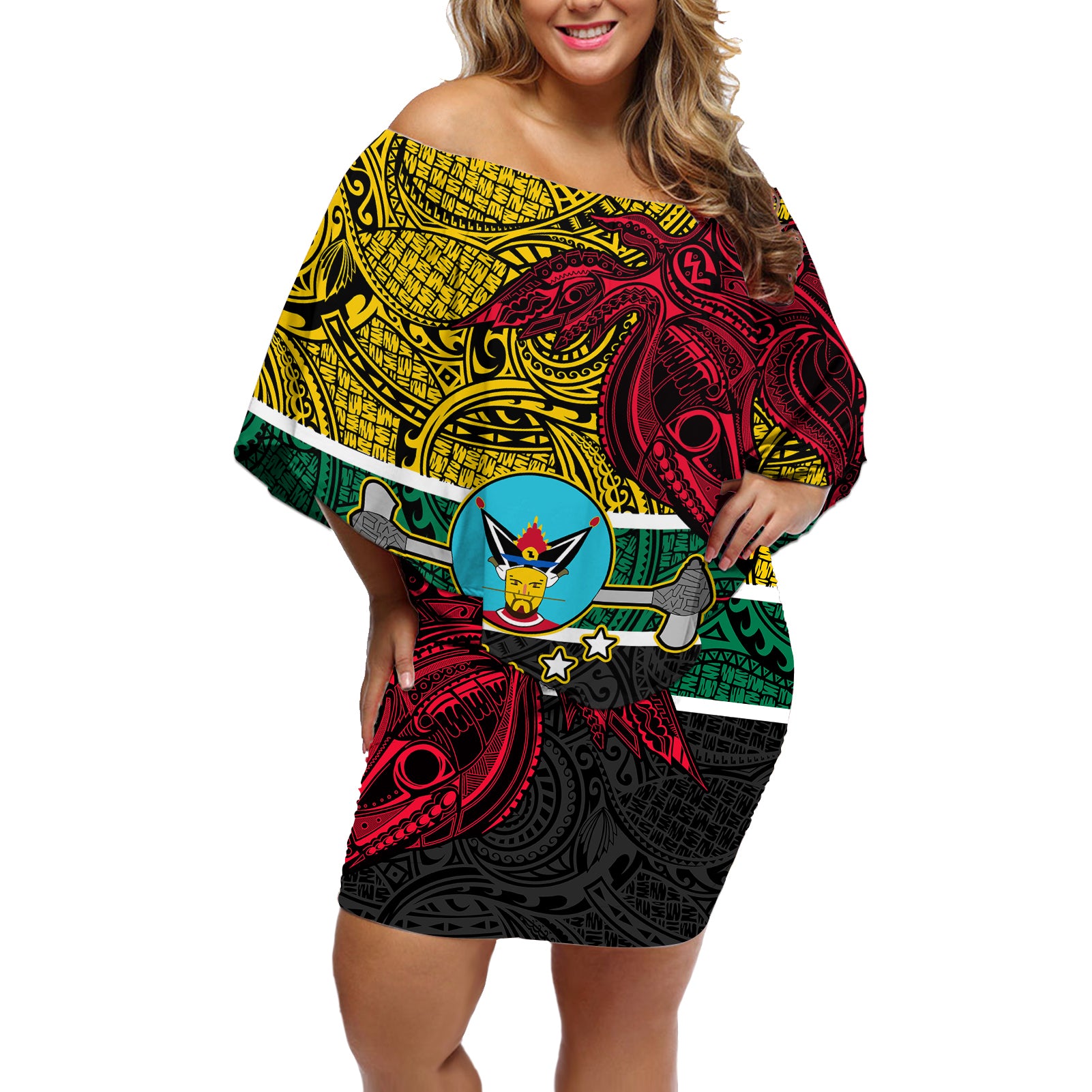 Papua New Guinea Hela Province Off Shoulder Short Dress PNG Birds Of Paradise Polynesian Arty Style LT03 Women Yellow - Polynesian Pride