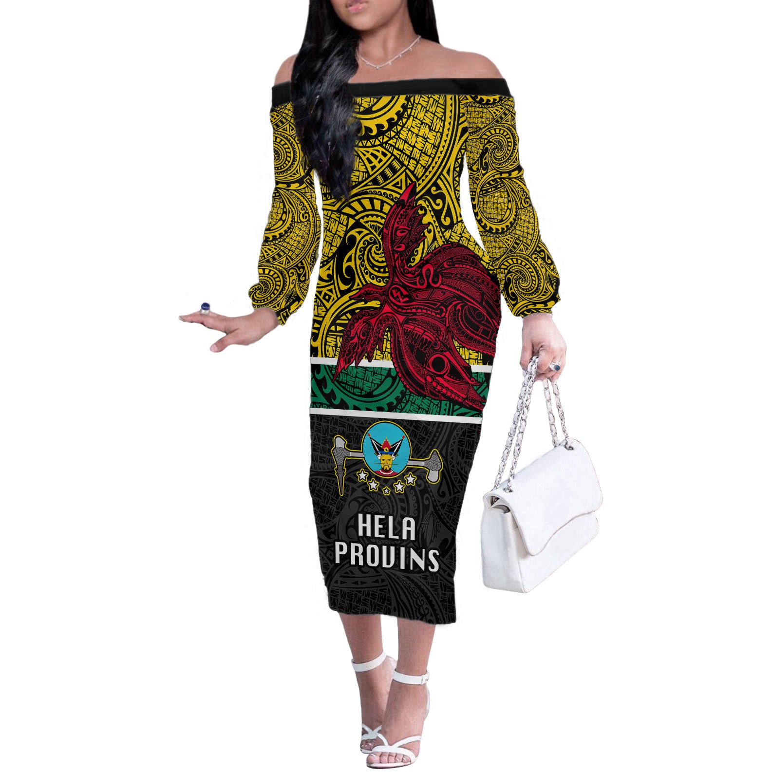 Papua New Guinea Hela Province Off The Shoulder Long Sleeve Dress PNG Birds Of Paradise Polynesian Arty Style LT03 Women Yellow - Polynesian Pride