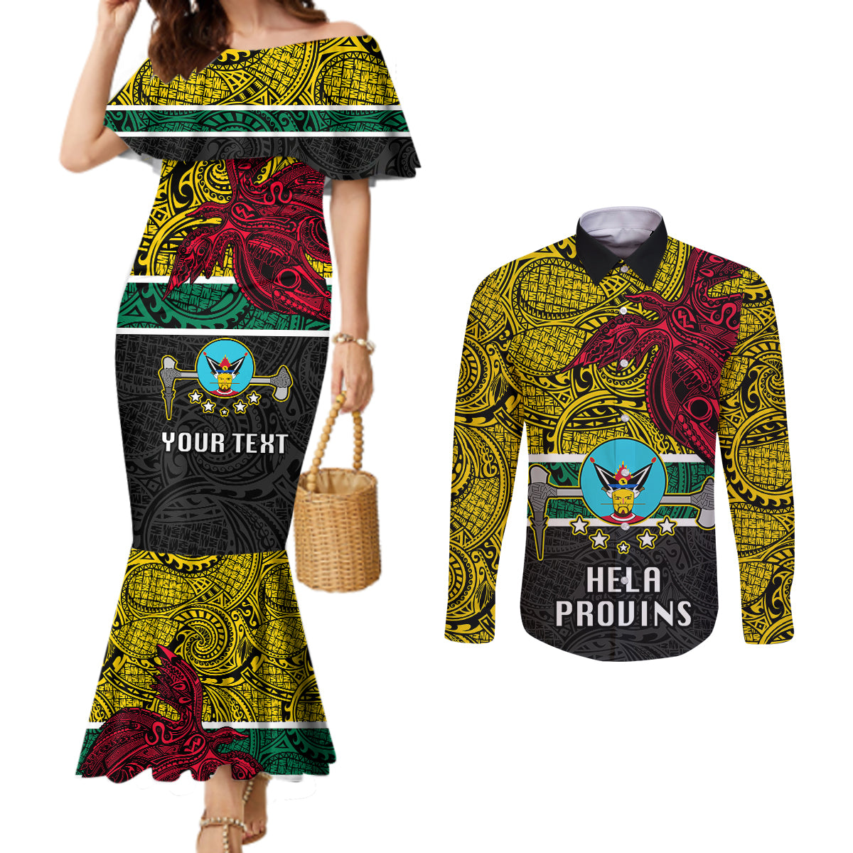 Personalised Papua New Guinea Hela Province Couples Matching Mermaid Dress and Long Sleeve Button Shirts PNG Birds Of Paradise Polynesian Arty Style LT03 Yellow - Polynesian Pride