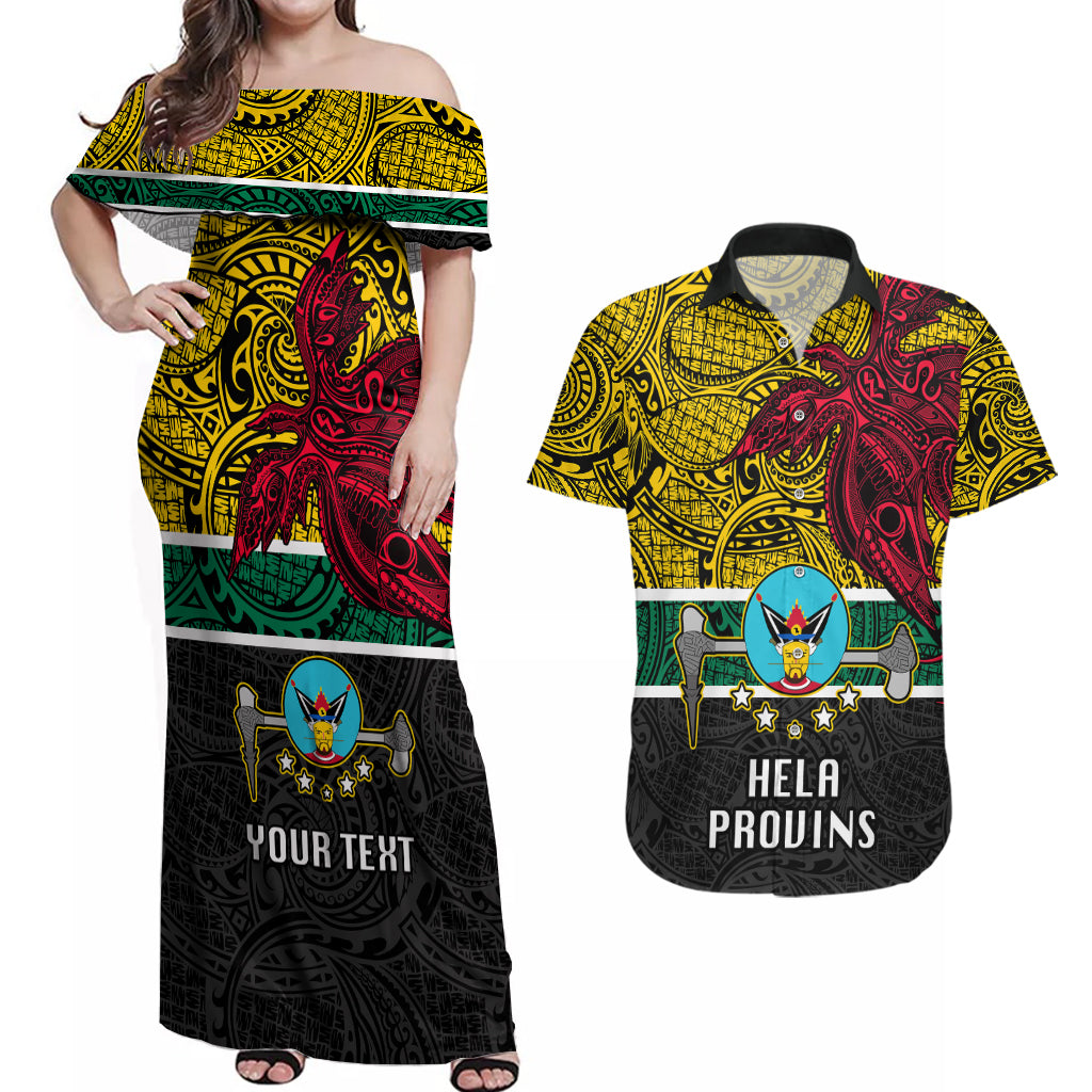 Personalised Papua New Guinea Hela Province Couples Matching Off Shoulder Maxi Dress and Hawaiian Shirt PNG Birds Of Paradise Polynesian Arty Style LT03 Yellow - Polynesian Pride