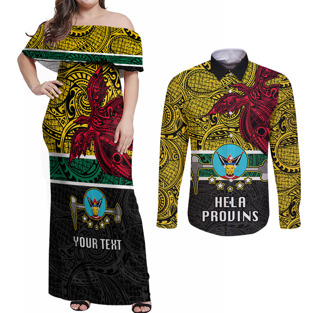 Personalised Papua New Guinea Hela Province Couples Matching Off Shoulder Maxi Dress and Long Sleeve Button Shirts PNG Birds Of Paradise Polynesian Arty Style LT03 Yellow - Polynesian Pride