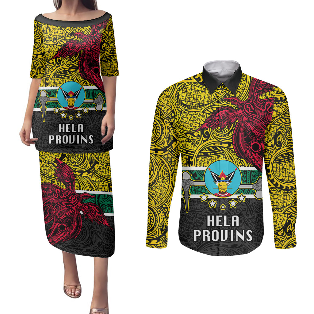Personalised Papua New Guinea Hela Province Couples Matching Puletasi Dress and Long Sleeve Button Shirts PNG Birds Of Paradise Polynesian Arty Style LT03 Yellow - Polynesian Pride