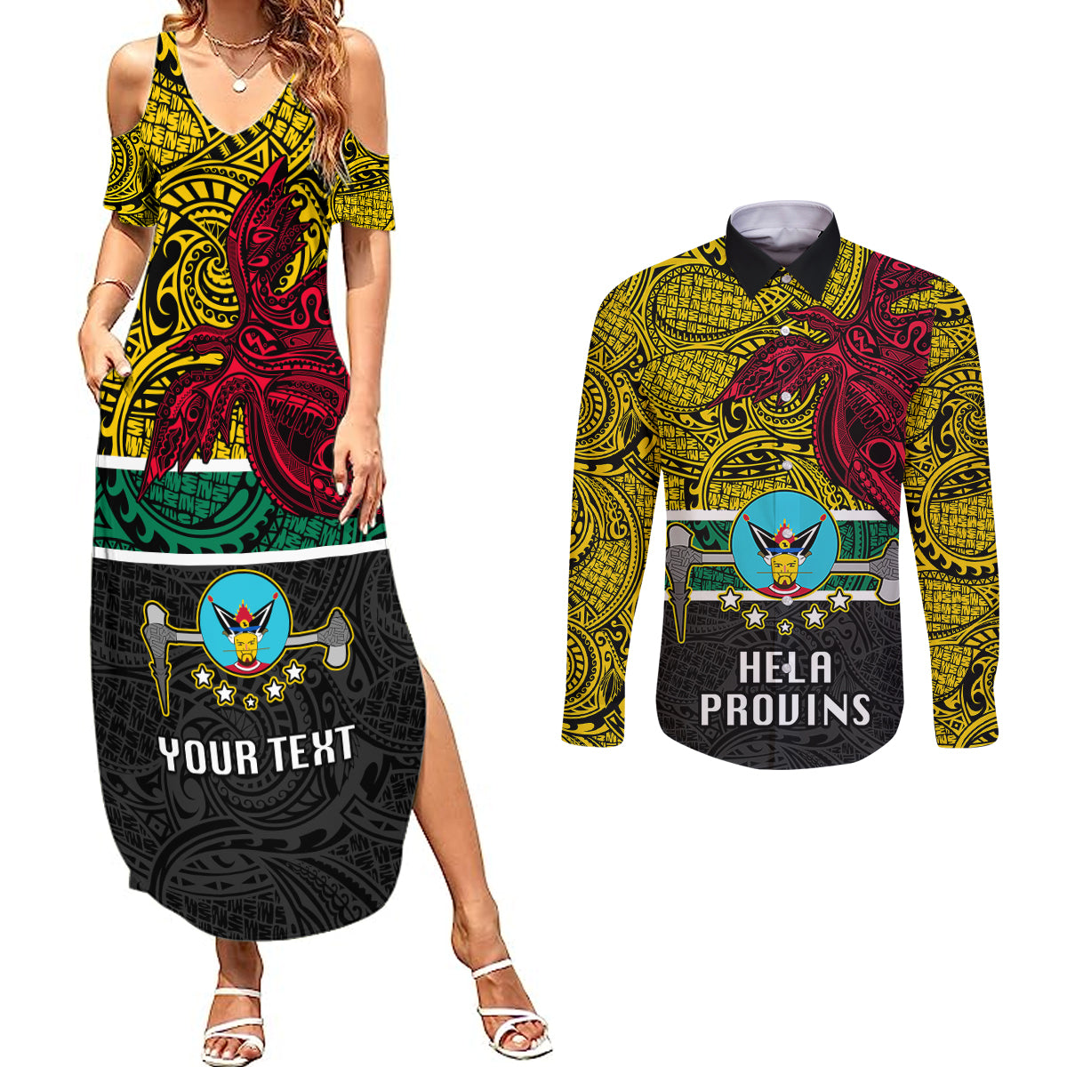 Personalised Papua New Guinea Hela Province Couples Matching Summer Maxi Dress and Long Sleeve Button Shirts PNG Birds Of Paradise Polynesian Arty Style LT03 Yellow - Polynesian Pride