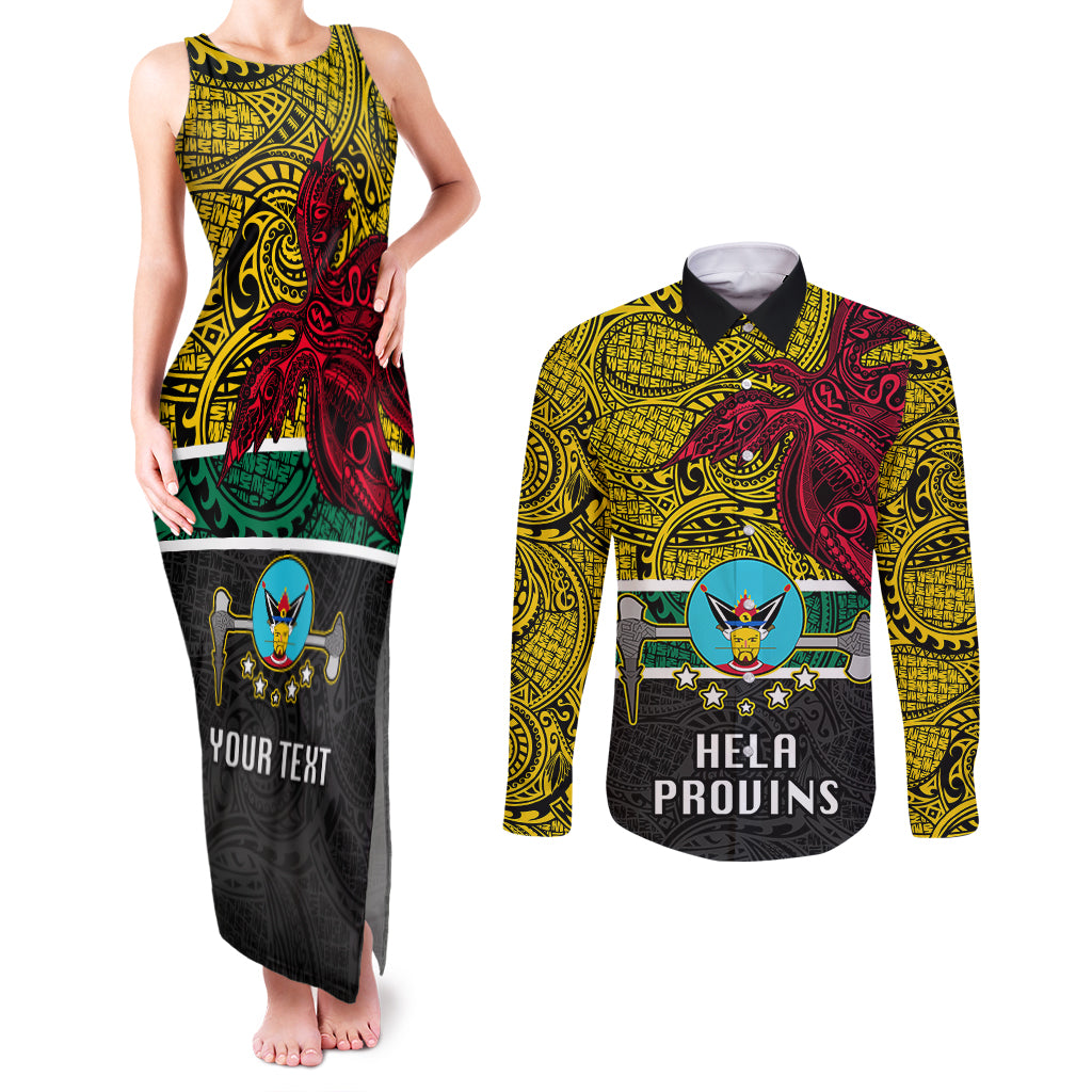 Personalised Papua New Guinea Hela Province Couples Matching Tank Maxi Dress and Long Sleeve Button Shirts PNG Birds Of Paradise Polynesian Arty Style LT03 Yellow - Polynesian Pride