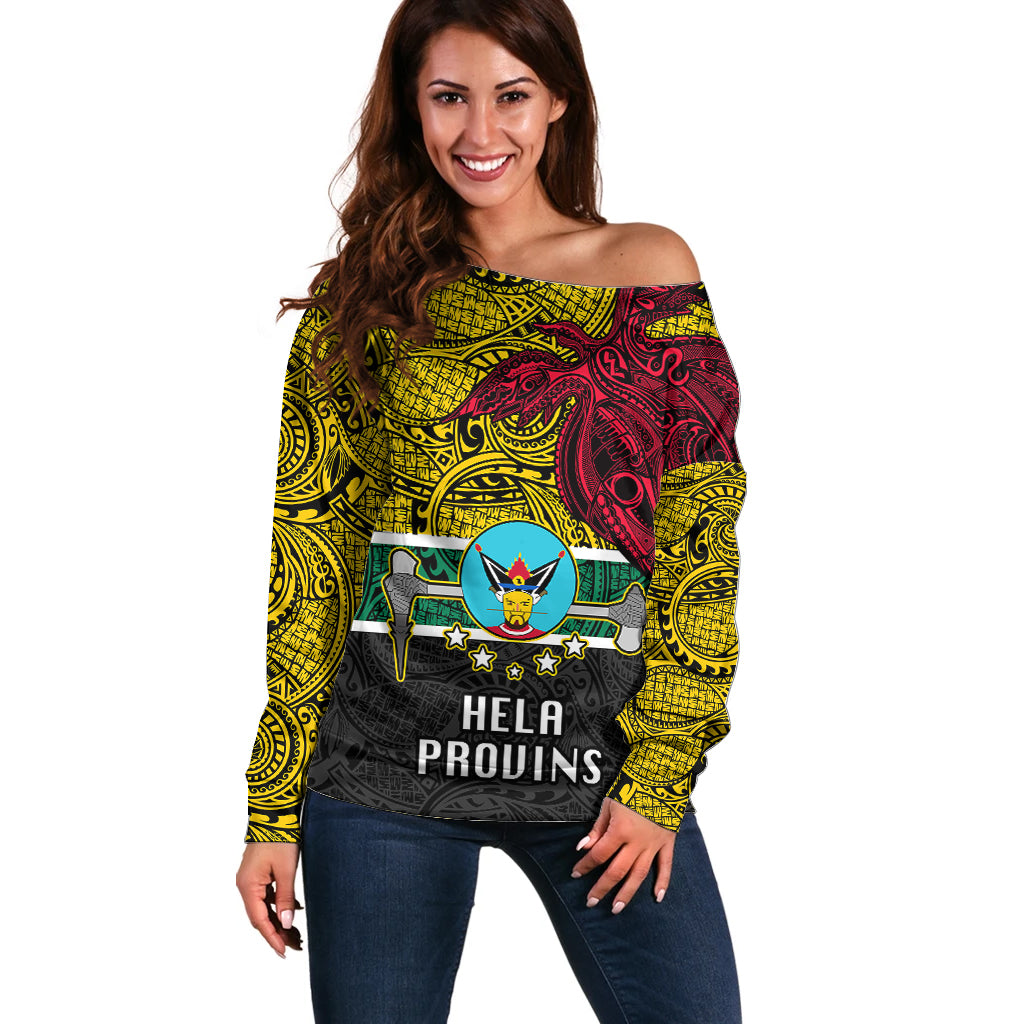 Personalised Papua New Guinea Hela Province Off Shoulder Sweater PNG Birds Of Paradise Polynesian Arty Style LT03 Women Yellow - Polynesian Pride