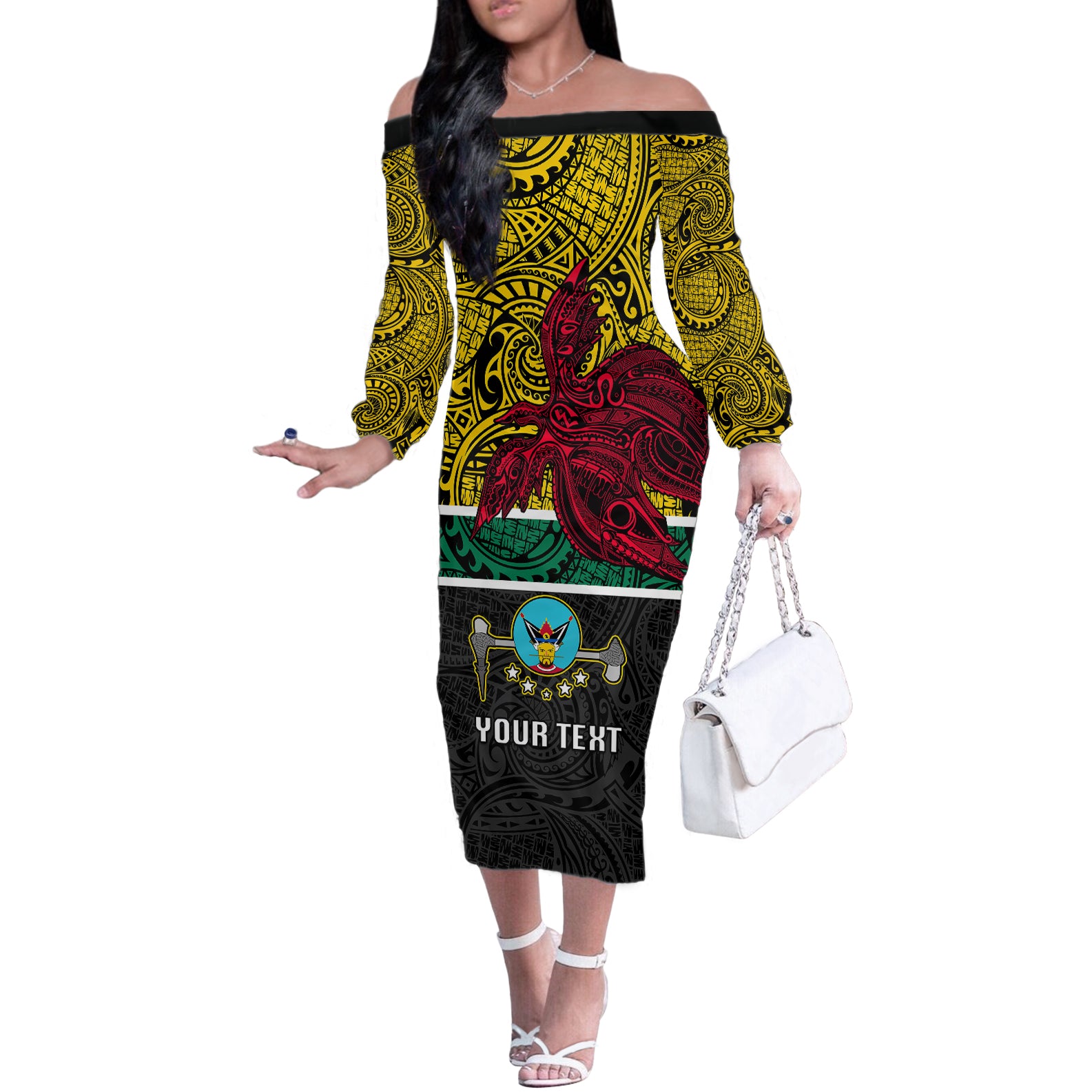 Personalised Papua New Guinea Hela Province Off The Shoulder Long Sleeve Dress PNG Birds Of Paradise Polynesian Arty Style LT03 Women Yellow - Polynesian Pride