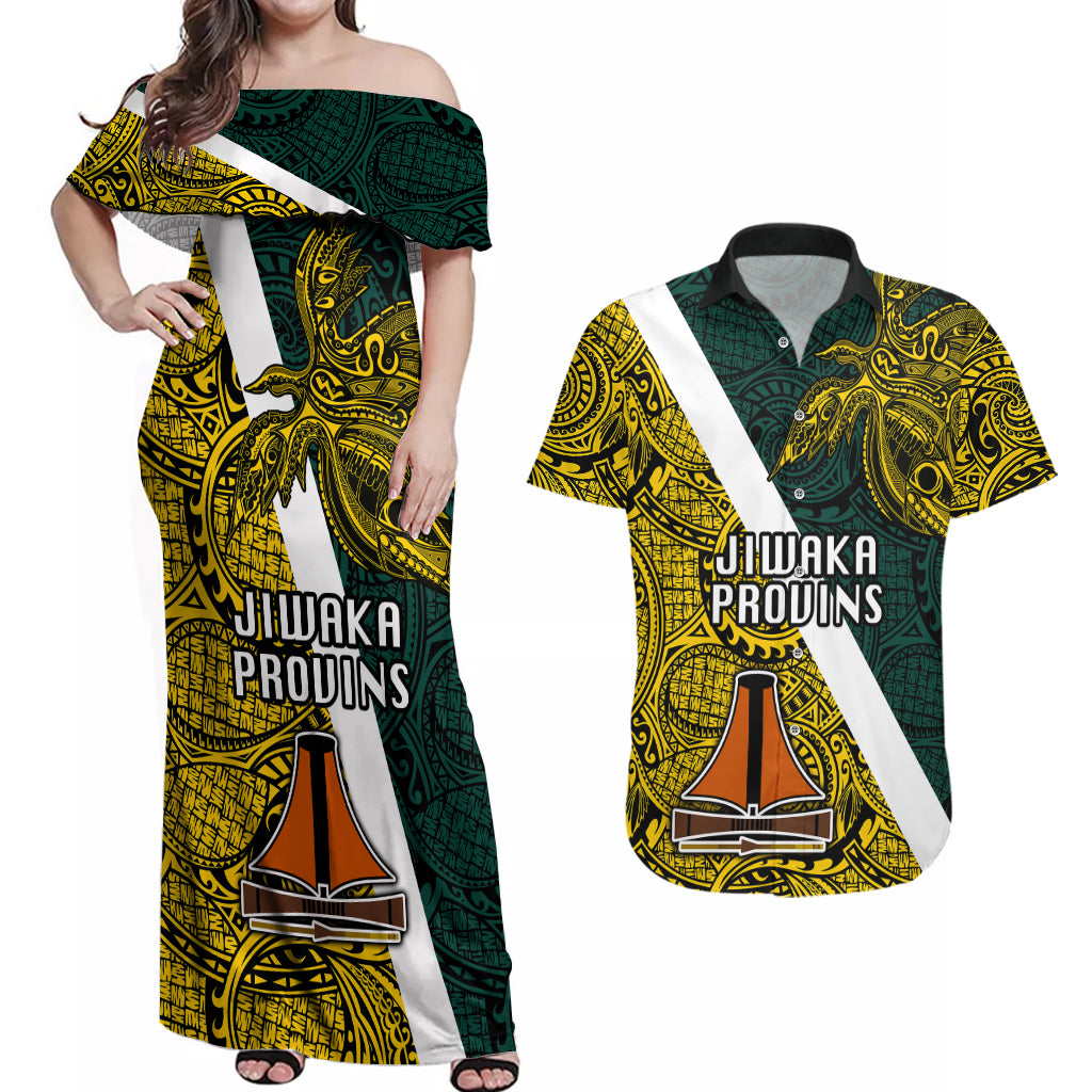 Papua New Guinea Jiwaka Province Couples Matching Off Shoulder Maxi Dress and Hawaiian Shirt PNG Birds Of Paradise Polynesian Arty Style LT03 Yellow - Polynesian Pride