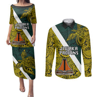 Papua New Guinea Jiwaka Province Couples Matching Puletasi Dress and Long Sleeve Button Shirts PNG Birds Of Paradise Polynesian Arty Style LT03 Yellow - Polynesian Pride