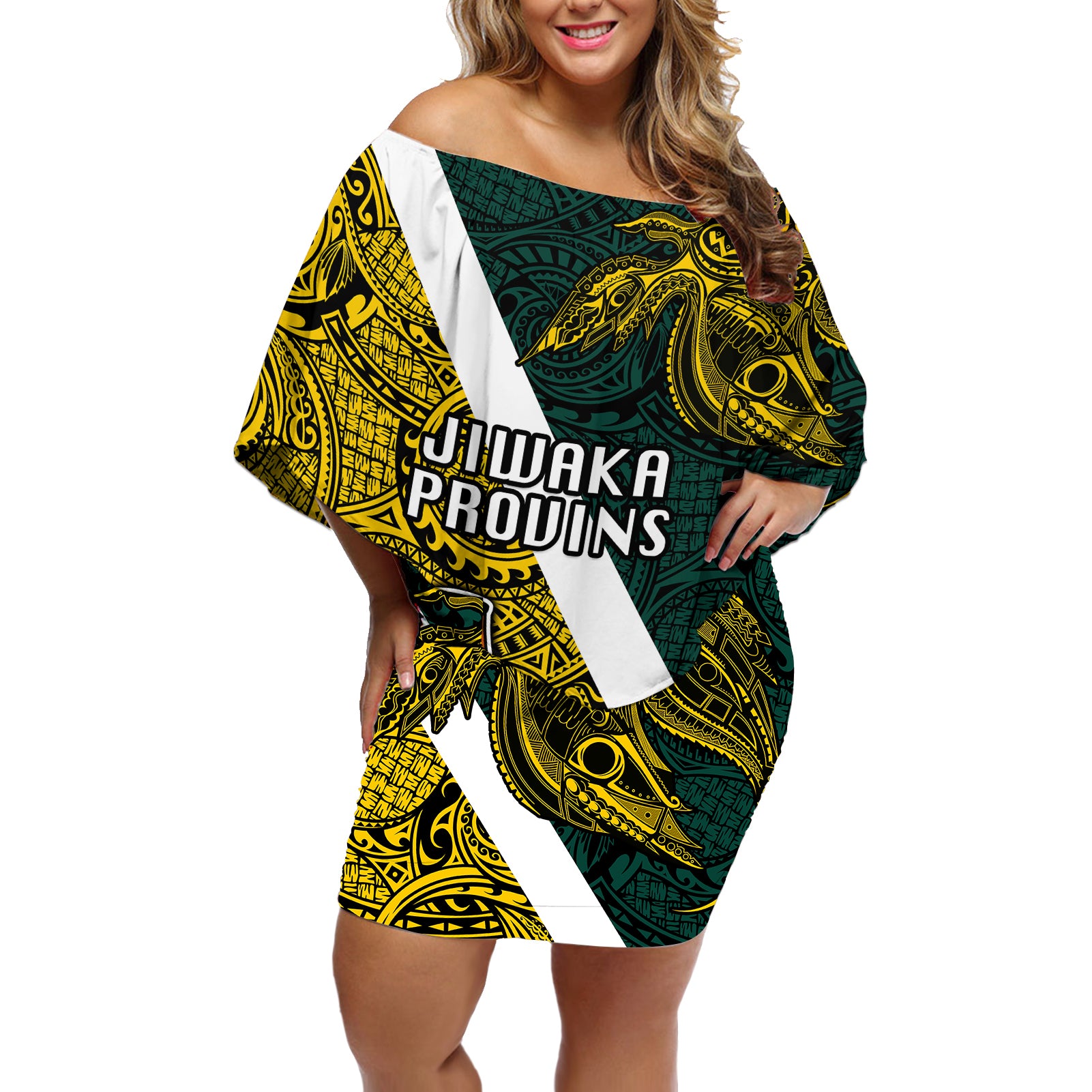 Papua New Guinea Jiwaka Province Off Shoulder Short Dress PNG Birds Of Paradise Polynesian Arty Style LT03 Women Yellow - Polynesian Pride