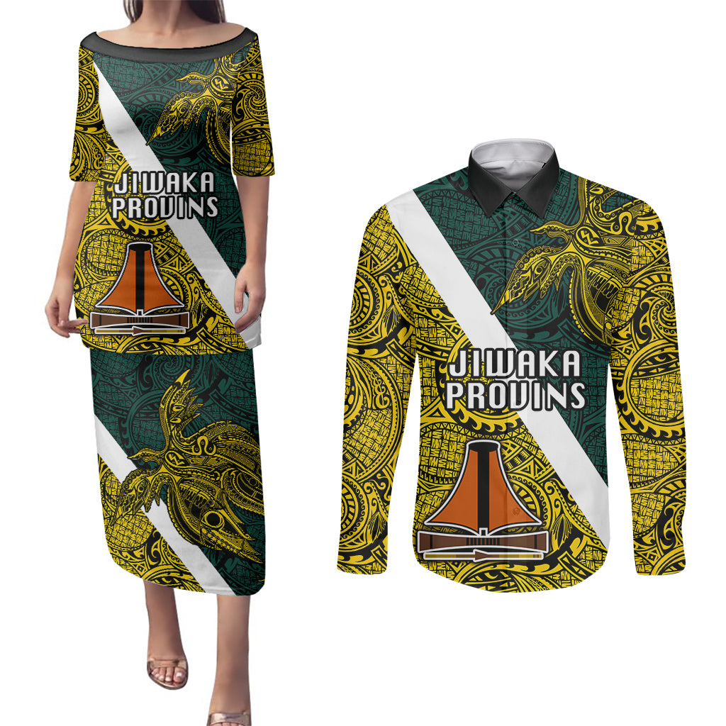 Personalised Papua New Guinea Jiwaka Province Couples Matching Puletasi Dress and Long Sleeve Button Shirts PNG Birds Of Paradise Polynesian Arty Style LT03 Yellow - Polynesian Pride