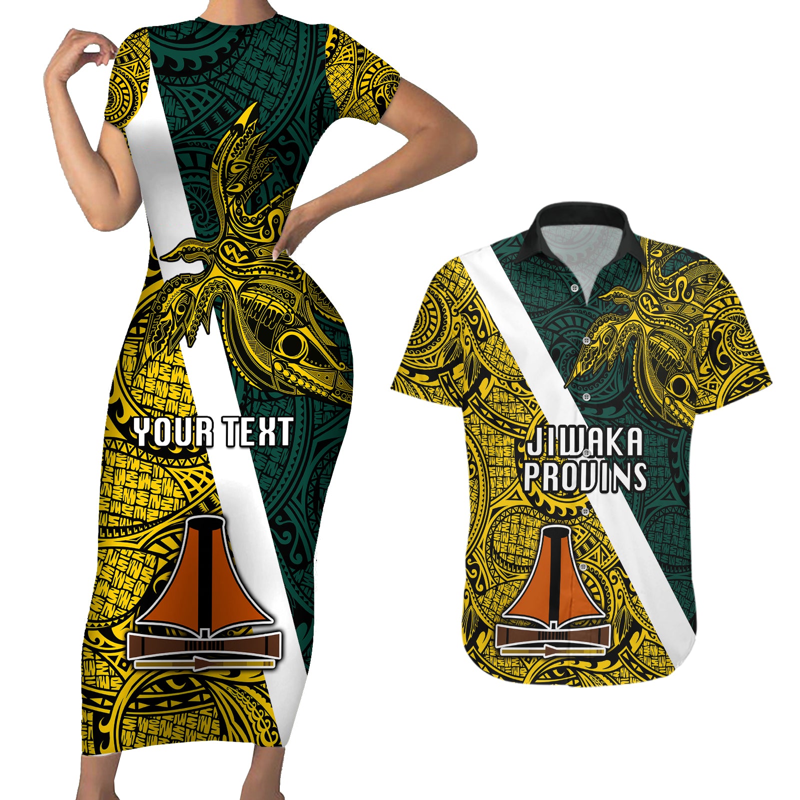 Personalised Papua New Guinea Jiwaka Province Couples Matching Short Sleeve Bodycon Dress and Hawaiian Shirt PNG Birds Of Paradise Polynesian Arty Style LT03 Yellow - Polynesian Pride