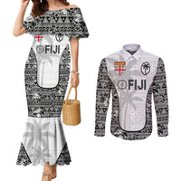 Custom Fiji Pacific Rugby 2024 Couples Matching Mermaid Dress and Long Sleeve Button Shirt Tapa Tribal and Fijian Masi Pattern LT03 White - Polynesian Pride