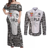 Custom Fiji Pacific Rugby 2024 Couples Matching Off Shoulder Maxi Dress and Long Sleeve Button Shirt Tapa Tribal and Fijian Masi Pattern LT03 White - Polynesian Pride