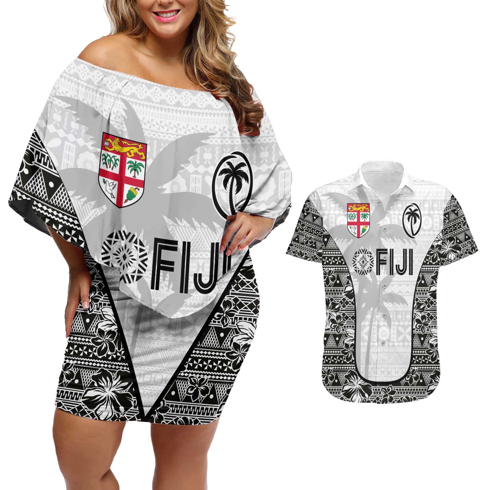 Custom Fiji Pacific Rugby 2024 Couples Matching Off Shoulder Short Dress and Hawaiian Shirt Tapa Tribal and Fijian Masi Pattern