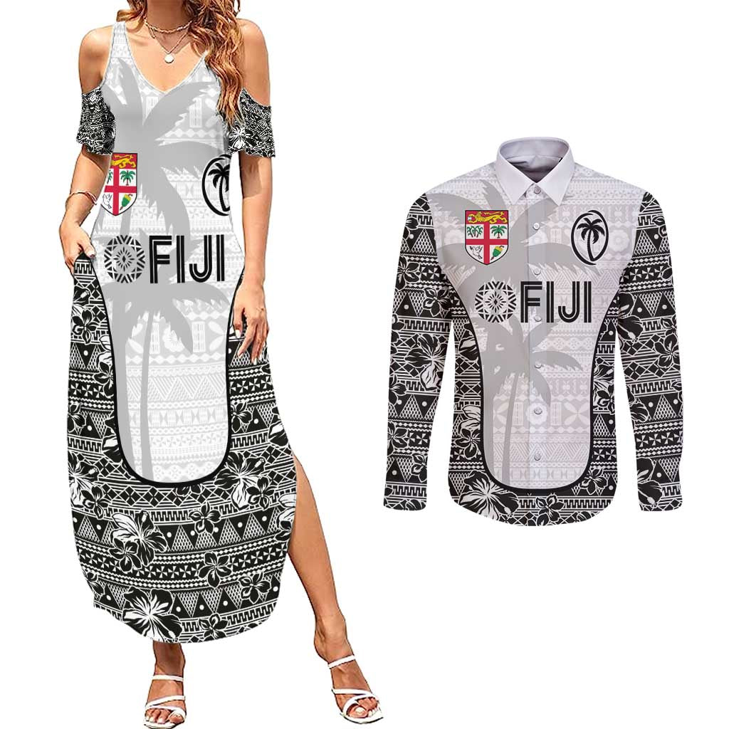 Custom Fiji Pacific Rugby 2024 Couples Matching Summer Maxi Dress and Long Sleeve Button Shirt Tapa Tribal and Fijian Masi Pattern LT03 White - Polynesian Pride
