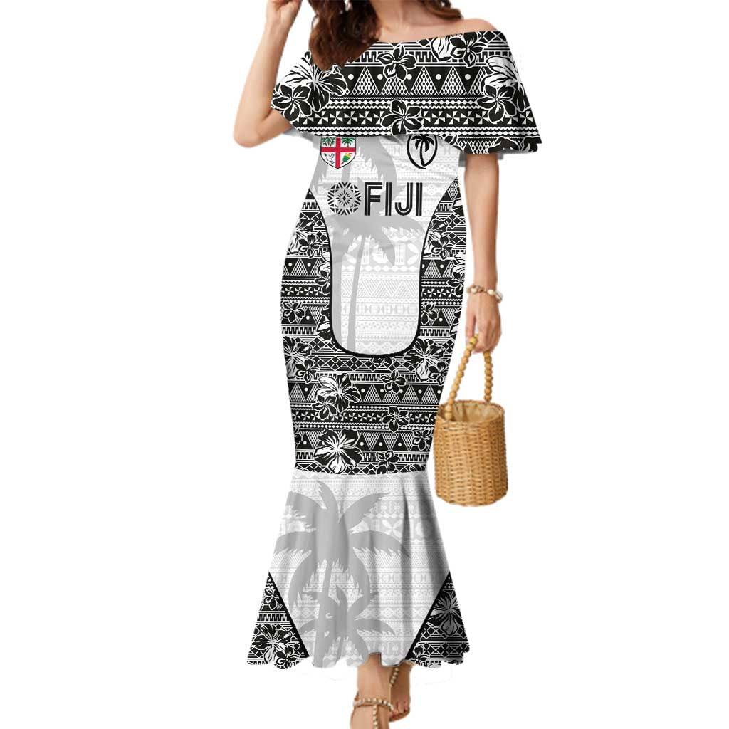 Custom Fiji Pacific Rugby 2024 Family Matching Mermaid Dress and Hawaiian Shirt Tapa Tribal and Fijian Masi Pattern LT03 Mom's Dress White - Polynesian Pride