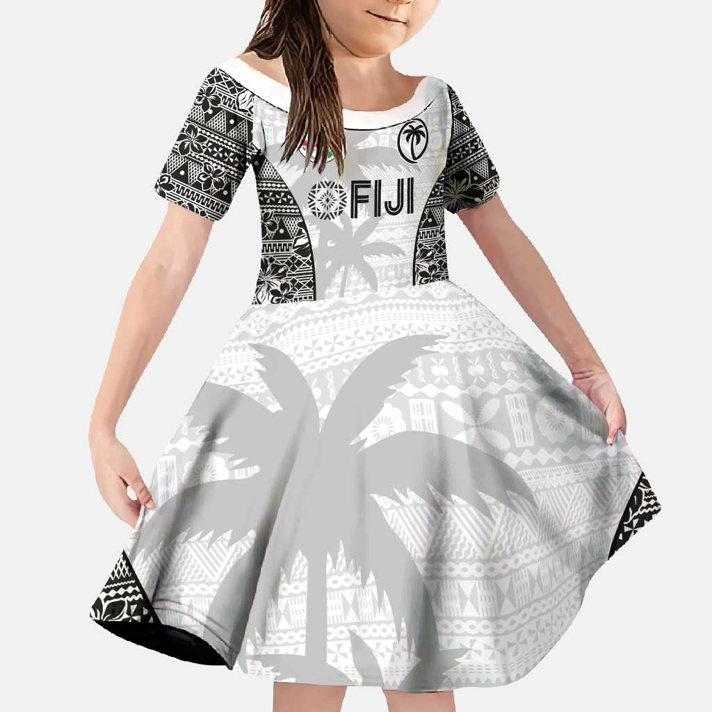 Custom Fiji Pacific Rugby 2024 Family Matching Short Sleeve Bodycon Dress and Hawaiian Shirt Tapa Tribal and Fijian Masi Pattern LT03 Daughter's Dress White - Polynesian Pride