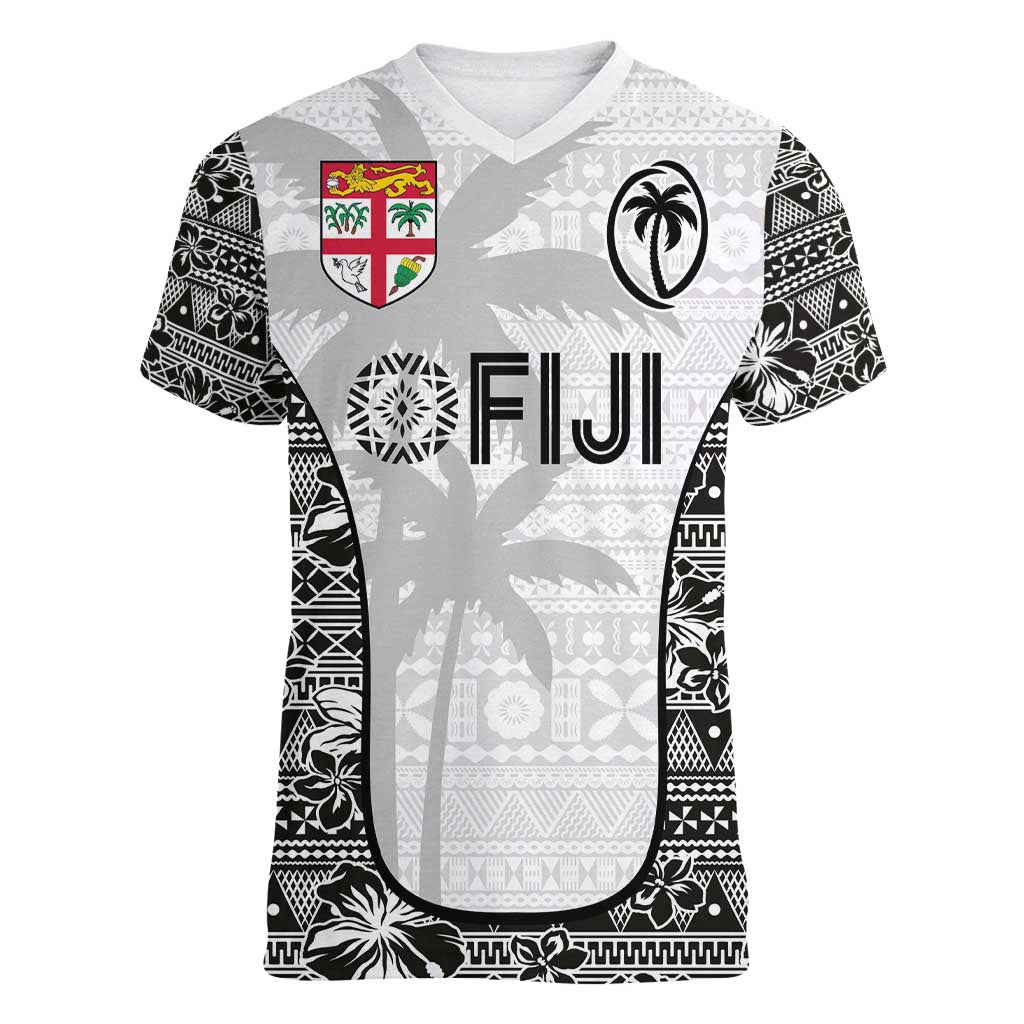 Custom Fiji Pacific Rugby 2024 Women V-Neck T-Shirt Tapa Tribal and Fijian Masi Pattern LT03 Female White - Polynesian Pride