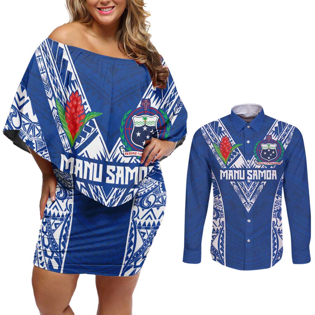 Custom Samoa Pacific Rugby 2024 Couples Matching Off Shoulder Short Dress and Long Sleeve Button Shirt Polynesian Pacific Tribal Pattern