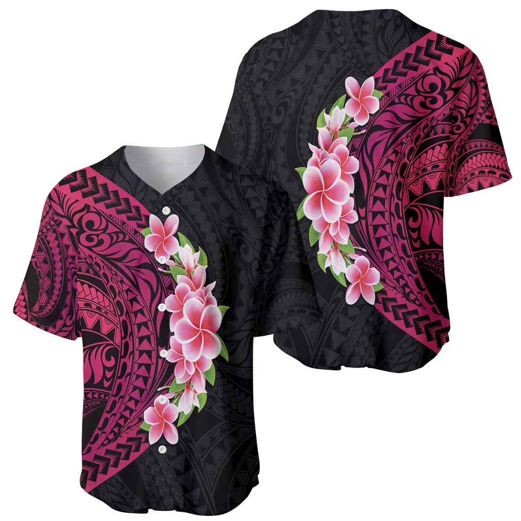 Hawaiian Tropical Plumeria Art Polynesian Tattoo Baseball Jersey Black and Bright Pink Color