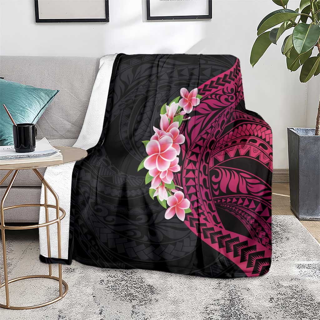 Hawaiian Tropical Plumeria Art Polynesian Tattoo Blanket Black and Bright Pink Color