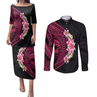 Hawaiian Tropical Plumeria Art Polynesian Tattoo Couples Matching Puletasi and Long Sleeve Button Shirt Black and Bright Pink Color LT03 Pink - Polynesian Pride