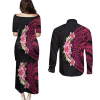 Hawaiian Tropical Plumeria Art Polynesian Tattoo Couples Matching Puletasi and Long Sleeve Button Shirt Black and Bright Pink Color LT03 - Polynesian Pride