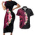 Hawaiian Tropical Plumeria Art Polynesian Tattoo Couples Matching Short Sleeve Bodycon Dress and Hawaiian Shirt Black and Bright Pink Color