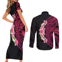 Hawaiian Tropical Plumeria Art Polynesian Tattoo Couples Matching Short Sleeve Bodycon Dress and Long Sleeve Button Shirt Black and Bright Pink Color