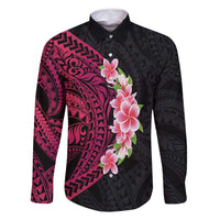 Hawaiian Tropical Plumeria Art Polynesian Tattoo Family Matching Long Sleeve Bodycon Dress and Hawaiian Shirt Black and Bright Pink Color LT03 Dad's Shirt - Long Sleeve Pink - Polynesian Pride