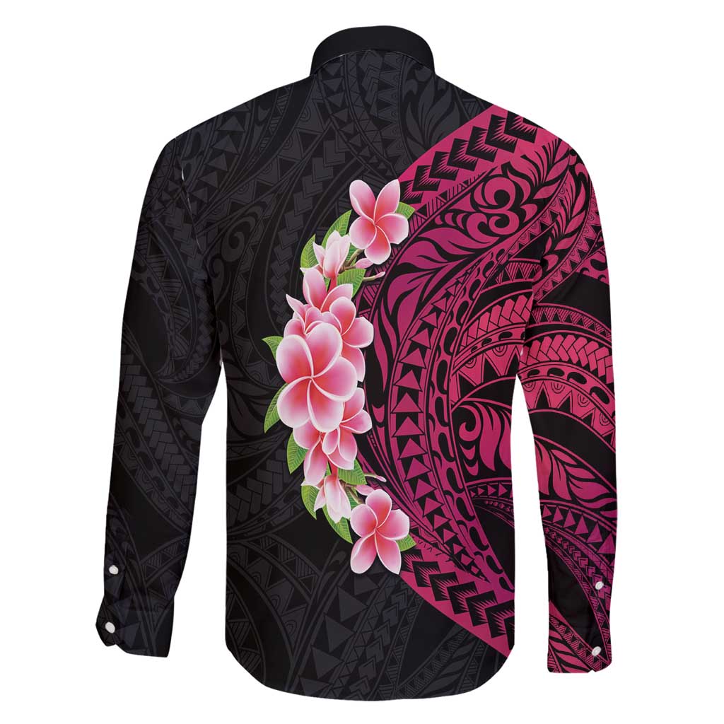 Hawaiian Tropical Plumeria Art Polynesian Tattoo Family Matching Long Sleeve Bodycon Dress and Hawaiian Shirt Black and Bright Pink Color LT03 - Polynesian Pride