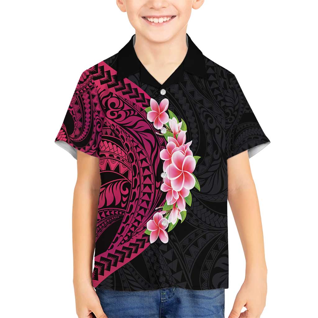 Hawaiian Tropical Plumeria Art Polynesian Tattoo Family Matching Long Sleeve Bodycon Dress and Hawaiian Shirt Black and Bright Pink Color LT03 Son's Shirt Pink - Polynesian Pride