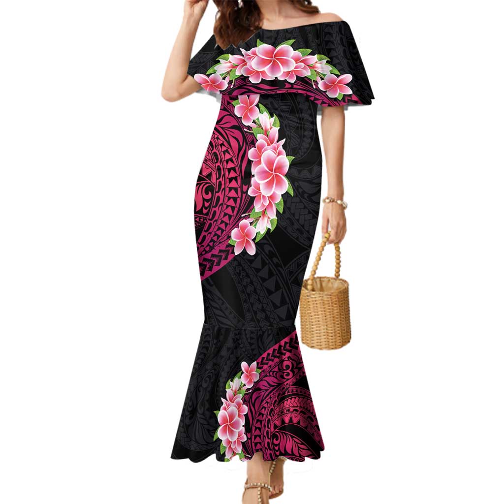 Hawaiian Tropical Plumeria Art Polynesian Tattoo Family Matching Mermaid Dress and Hawaiian Shirt Black and Bright Pink Color