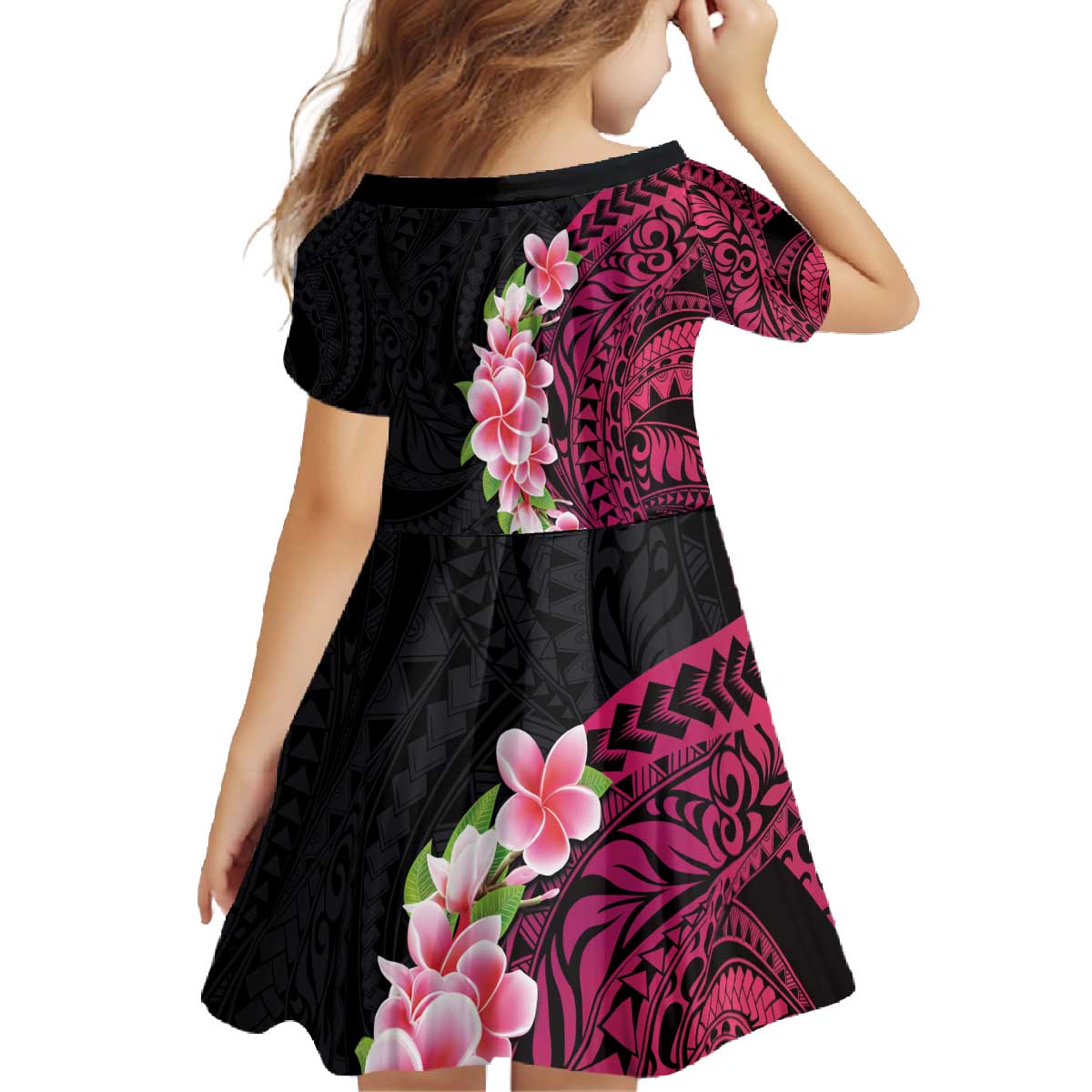 Hawaiian Tropical Plumeria Art Polynesian Tattoo Family Matching Off The Shoulder Long Sleeve Dress and Hawaiian Shirt Black and Bright Pink Color