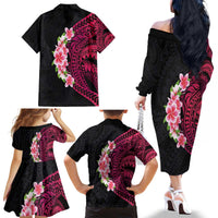 Hawaiian Tropical Plumeria Art Polynesian Tattoo Family Matching Off The Shoulder Long Sleeve Dress and Hawaiian Shirt Black and Bright Pink Color
