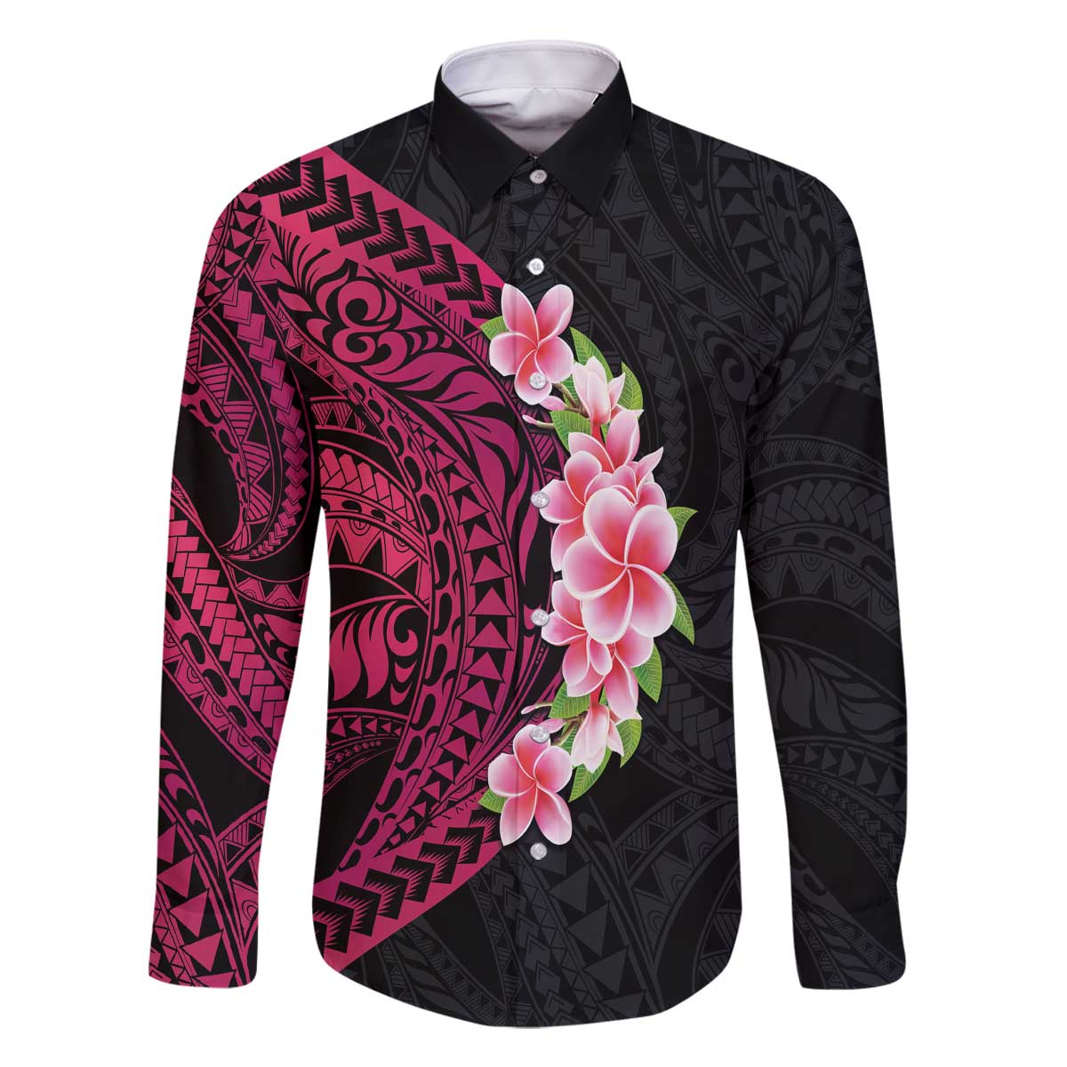 Hawaiian Tropical Plumeria Art Polynesian Tattoo Family Matching Off The Shoulder Long Sleeve Dress and Hawaiian Shirt Black and Bright Pink Color