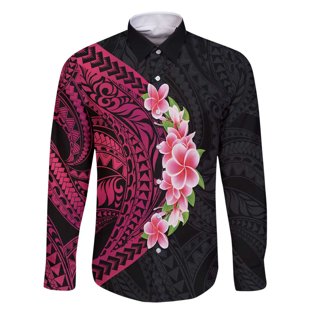 Hawaiian Tropical Plumeria Art Polynesian Tattoo Family Matching Short Sleeve Bodycon Dress and Hawaiian Shirt Black and Bright Pink Color