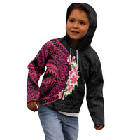 Hawaiian Tropical Plumeria Art Polynesian Tattoo Kid Hoodie Black and Bright Pink Color