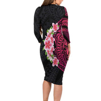 Hawaiian Tropical Plumeria Art Polynesian Tattoo Long Sleeve Bodycon Dress Black and Bright Pink Color LT03 - Polynesian Pride