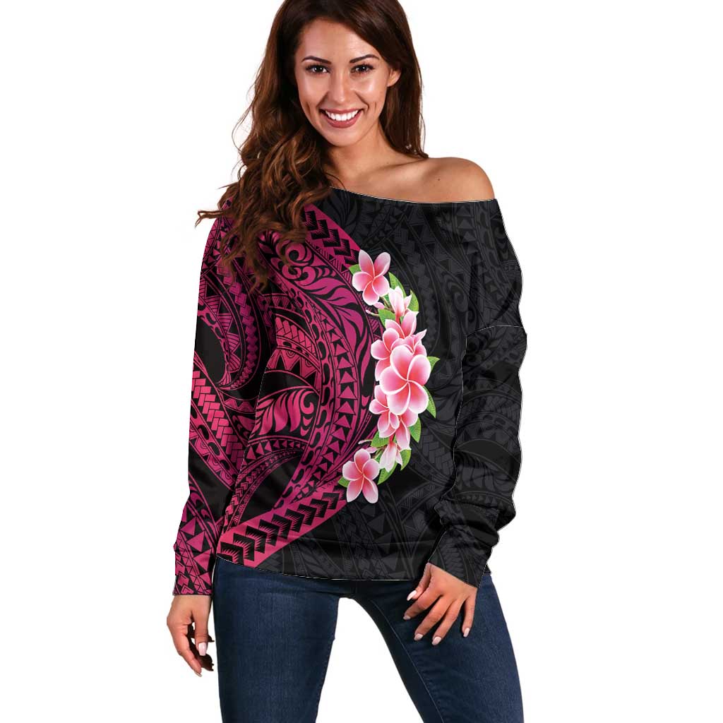 Hawaiian Tropical Plumeria Art Polynesian Tattoo Off Shoulder Sweater Black and Bright Pink Color