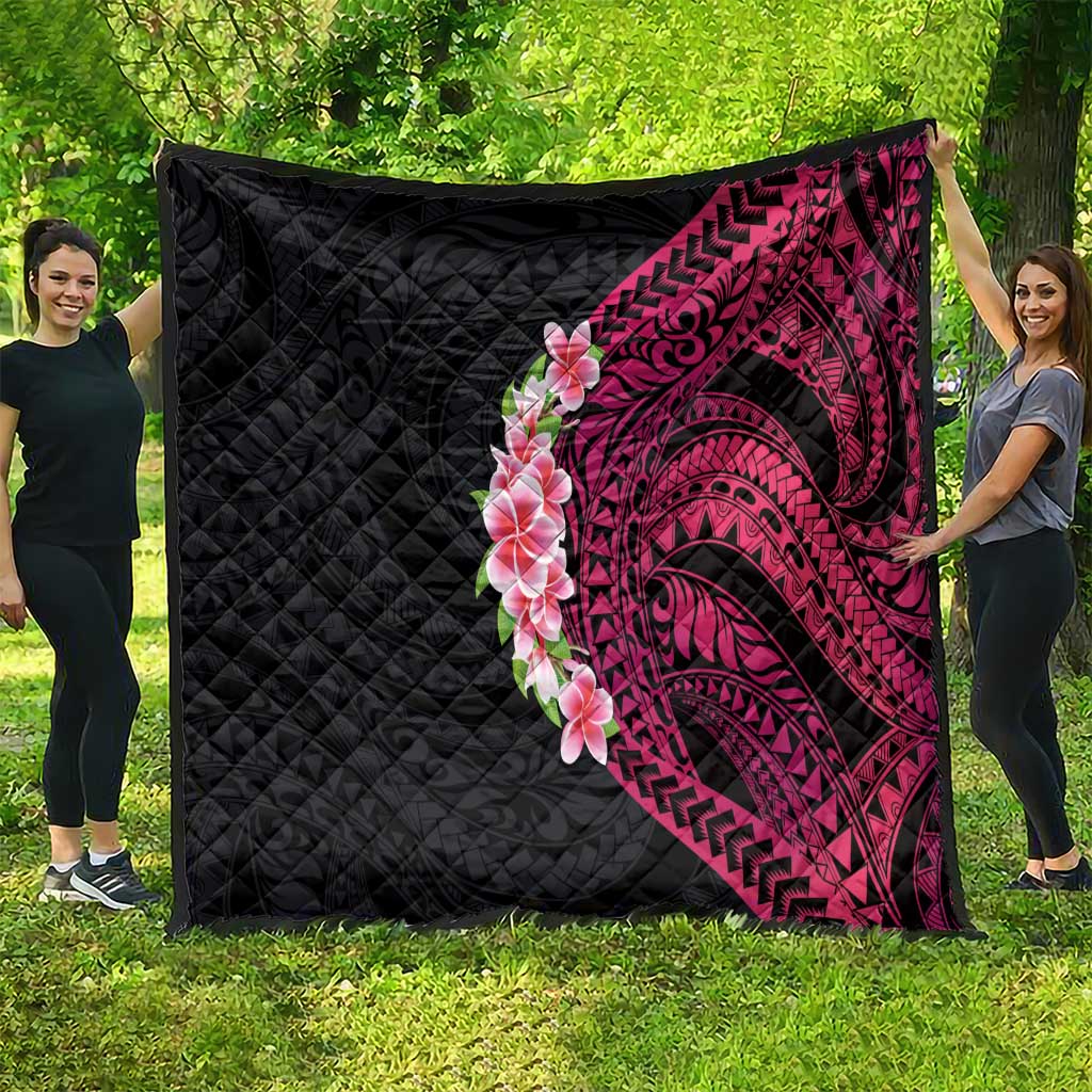 Hawaiian Tropical Plumeria Art Polynesian Tattoo Quilt Black and Bright Pink Color