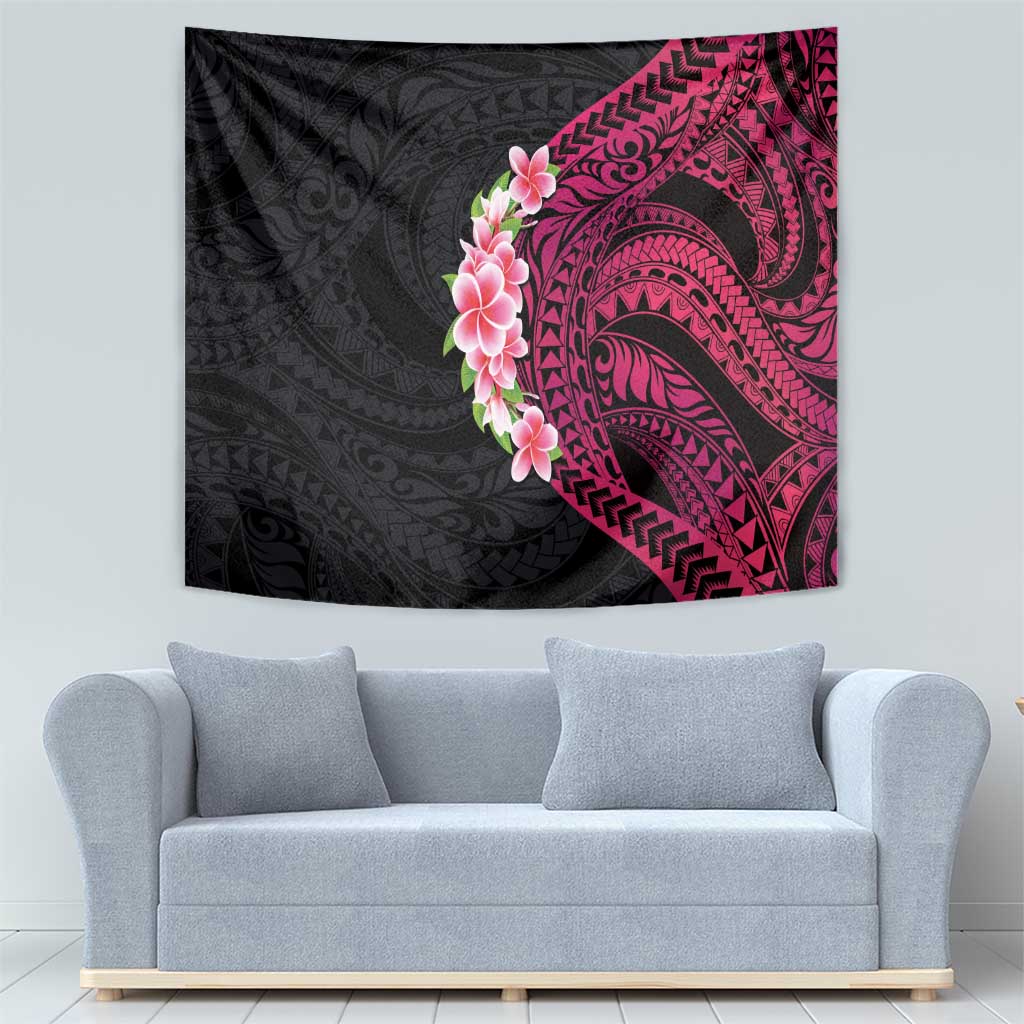 Hawaiian Tropical Plumeria Art Polynesian Tattoo Tapestry Black and Bright Pink Color